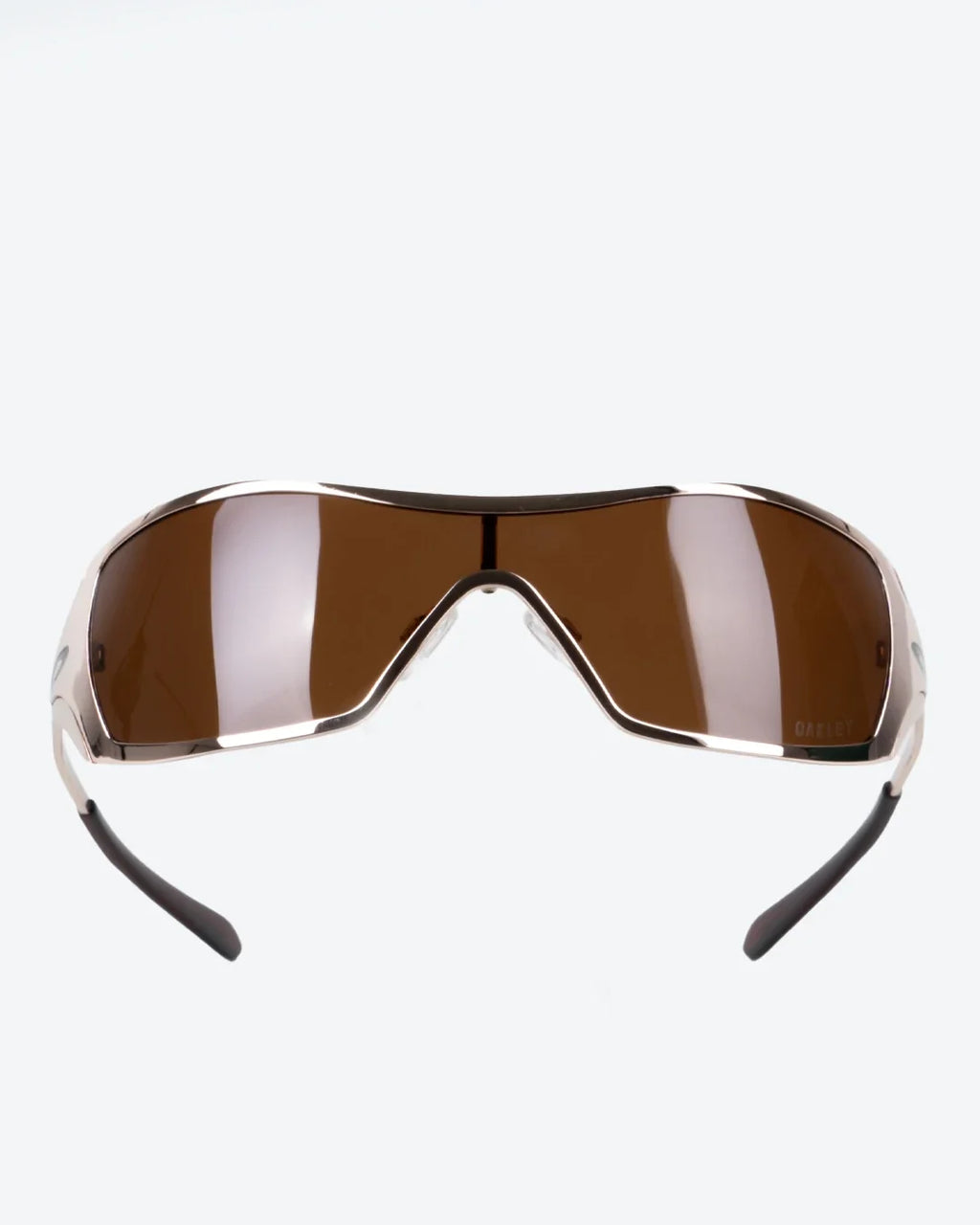 Polarized sunglasses with amber lenses and dark frame, wrap shield style