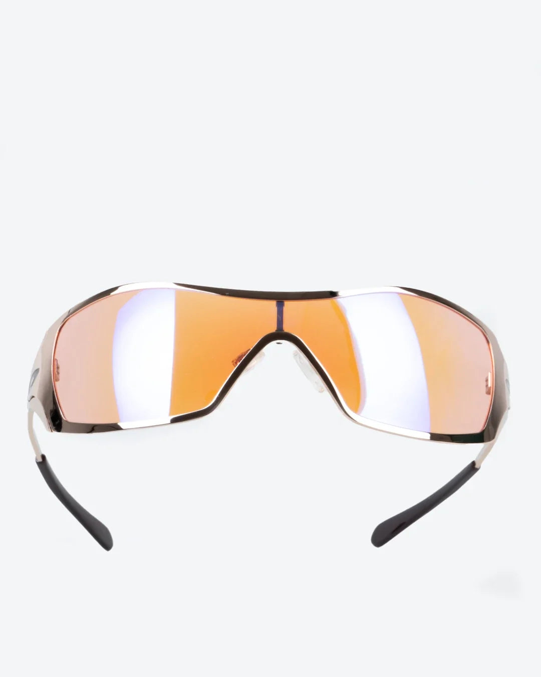 Polarized sunglasses with reflective amber-orange lenses and clear frame, front