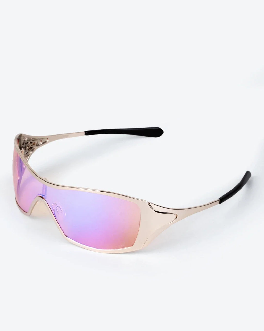 Polarized sunglasses with violet lenses and clear frame, angled side view
