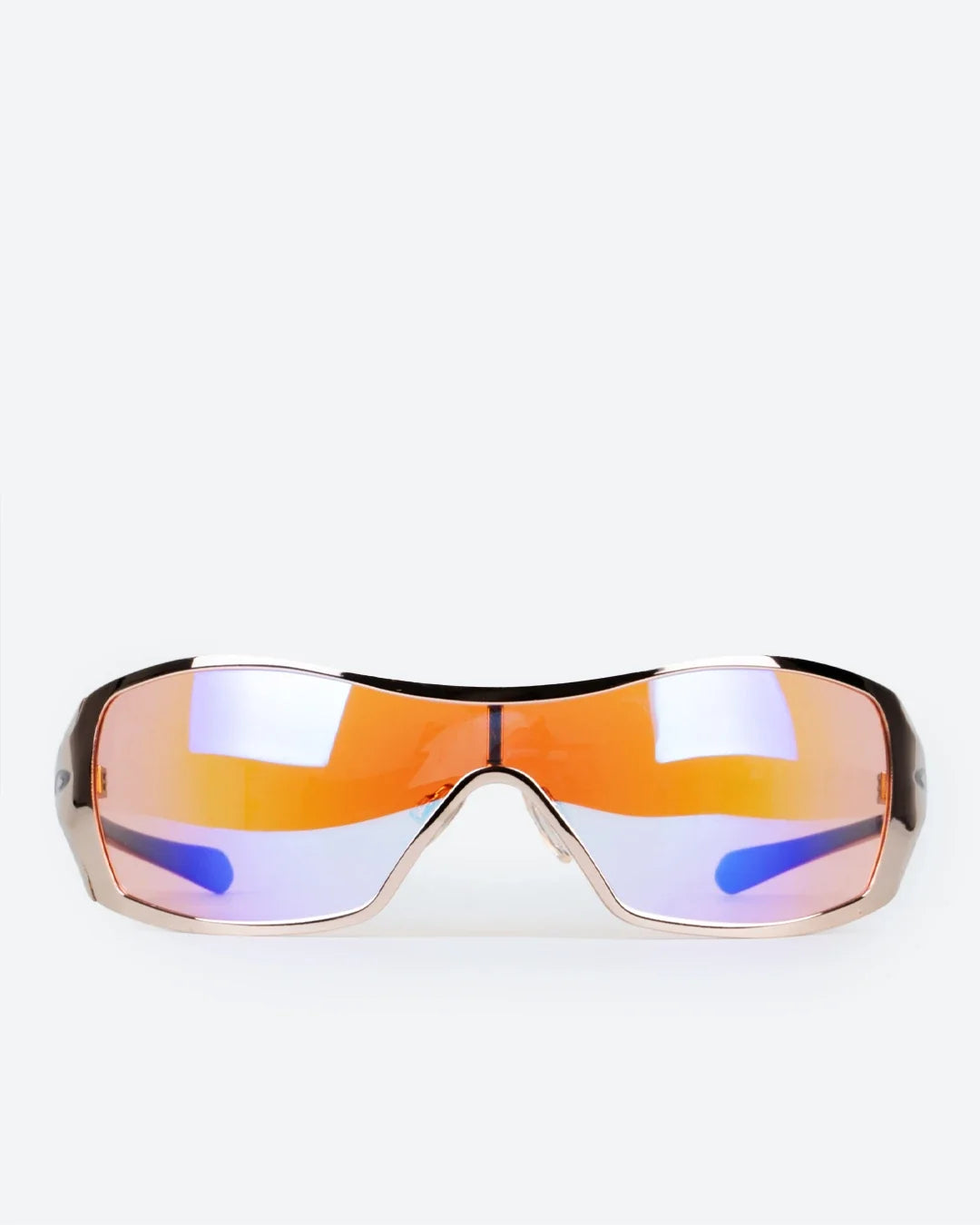 Polarized sunglasses with reflective orange lenses and clear frame, front view