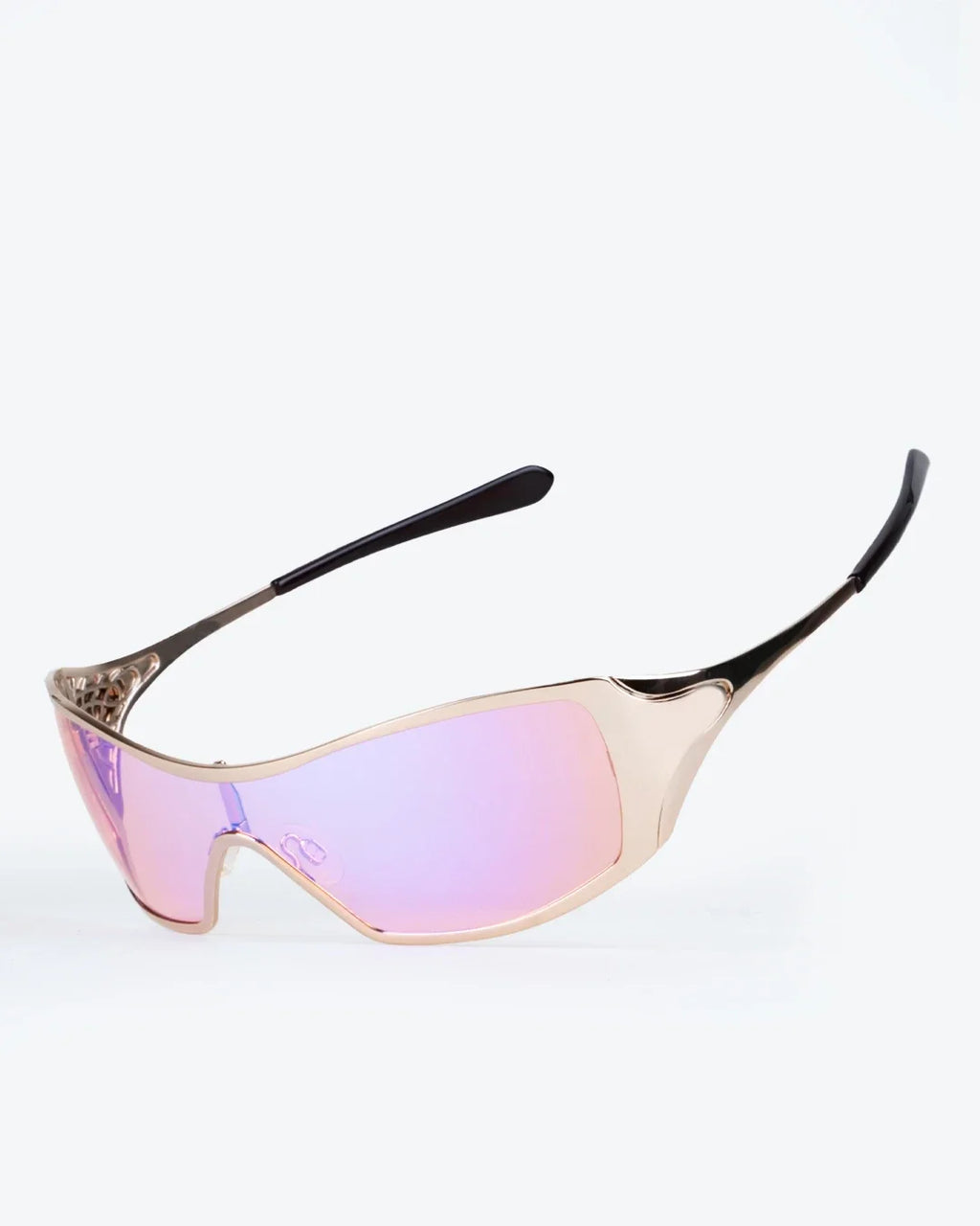 Polarized sunglasses with violet reflective lenses and clear-gold frame, side view