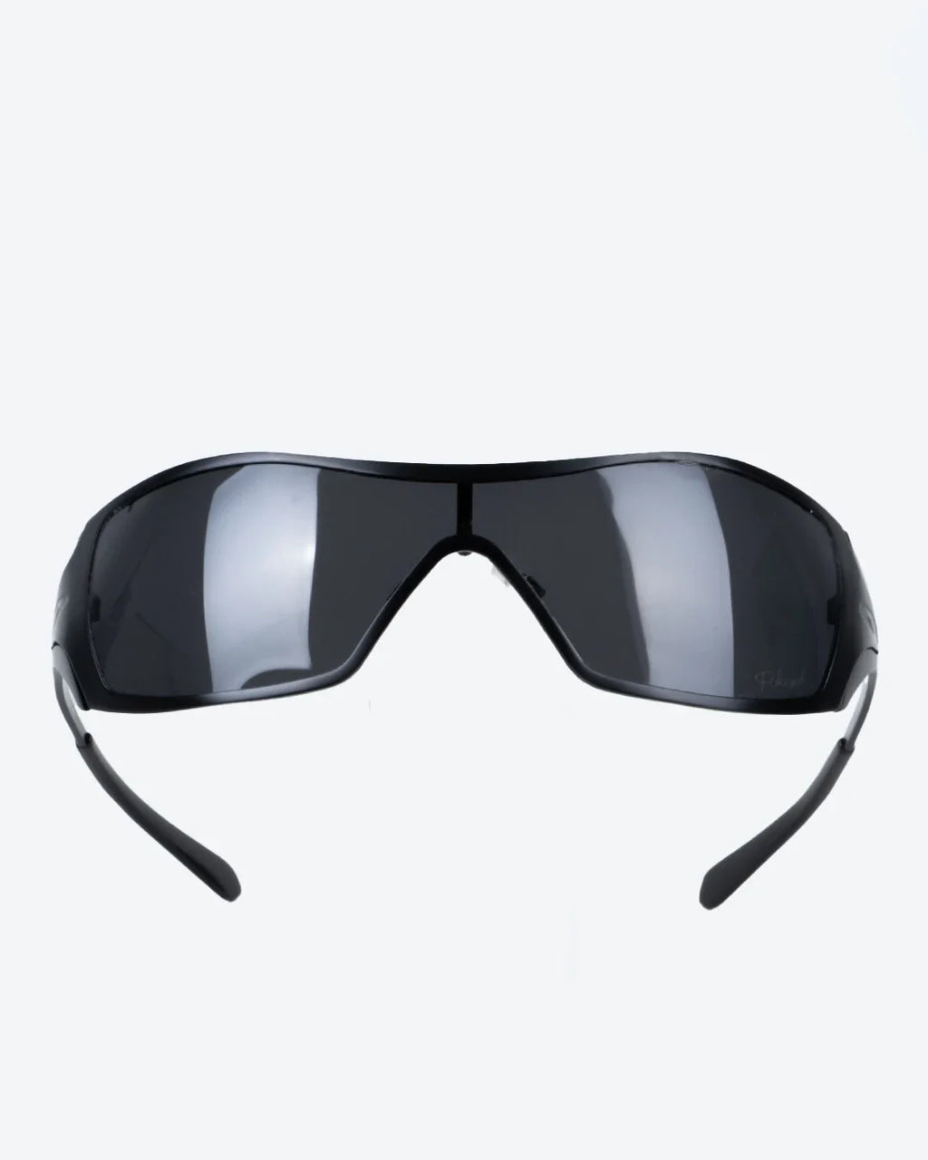 Polarized sunglasses with dark mirrored lenses and black wraparound frame