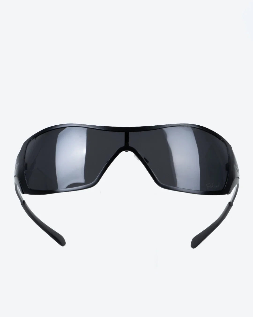 Polarized sunglasses with dark mirrored lenses and black wraparound frame