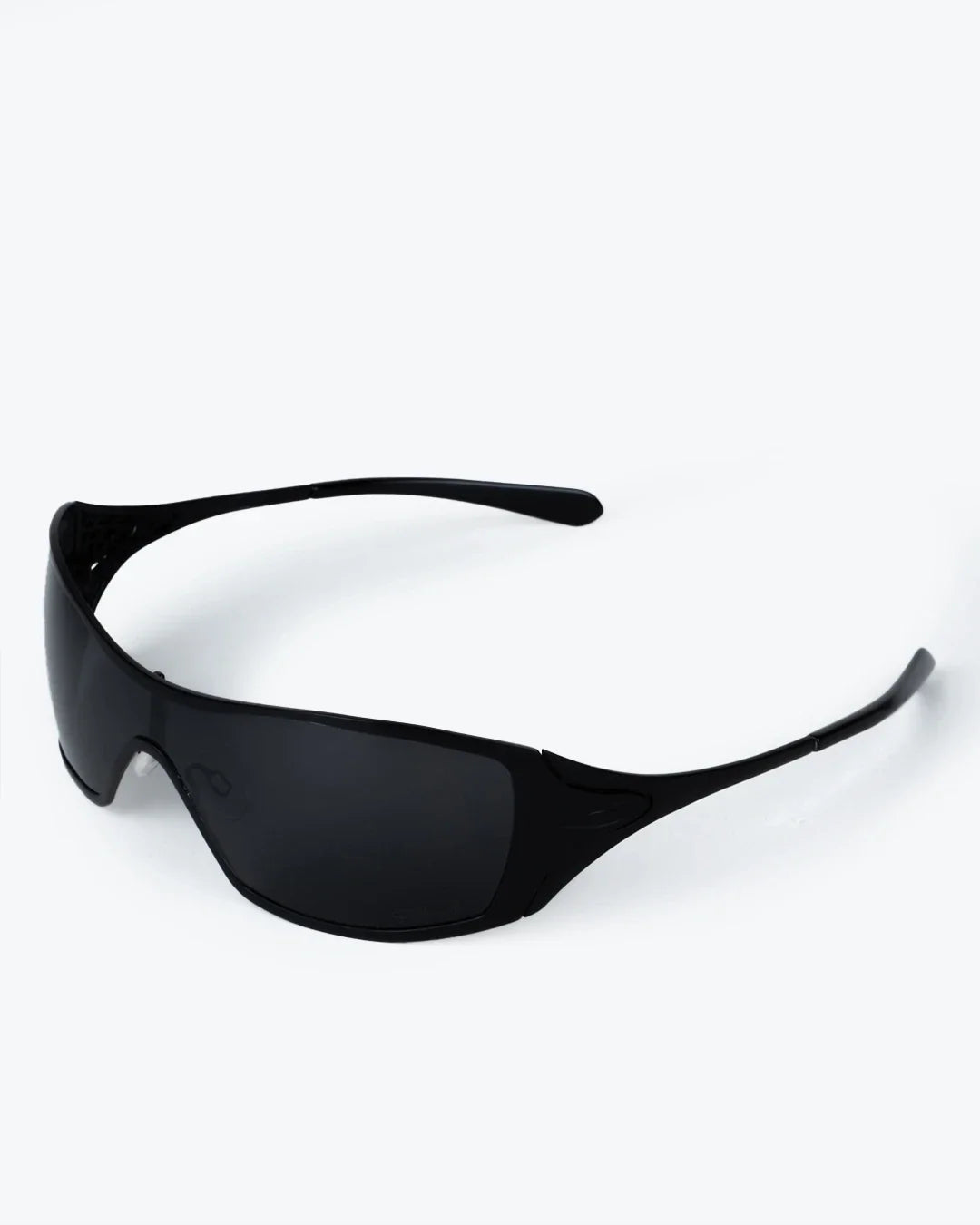Polarized sunglasses angled side view, dark lenses with black wraparound frame