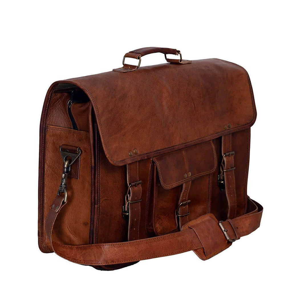 Brown leather briefcase with top handle, side straps, and multiple front pockets