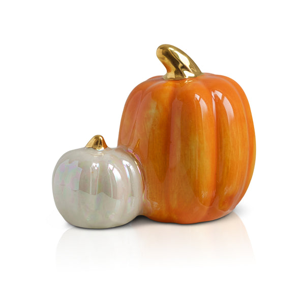 Nora Fleming mini pumpkin spice topper: orange pumpkin and white pumpkin with gold stems