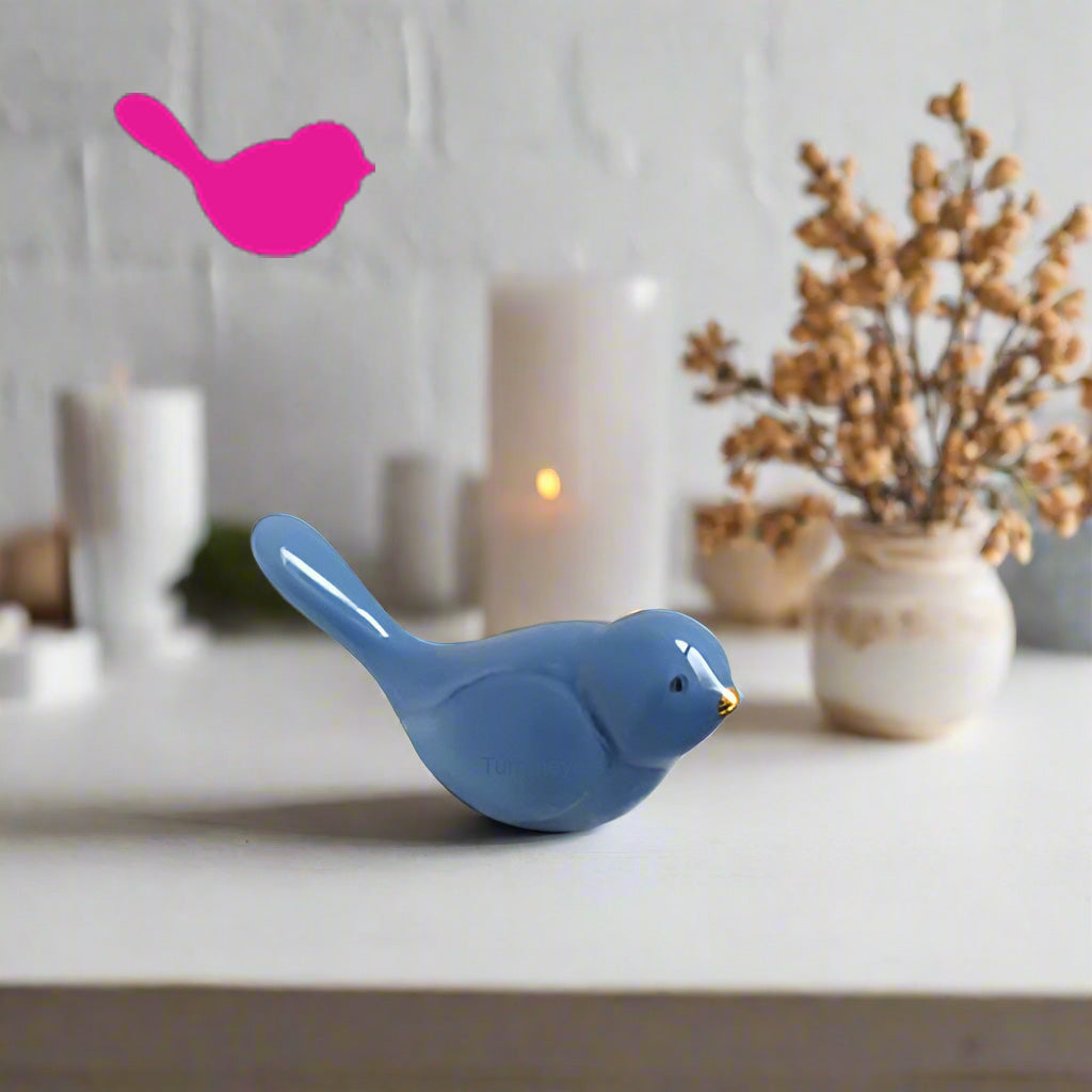 Bluebird mini ceramic bird figurine with gold beak