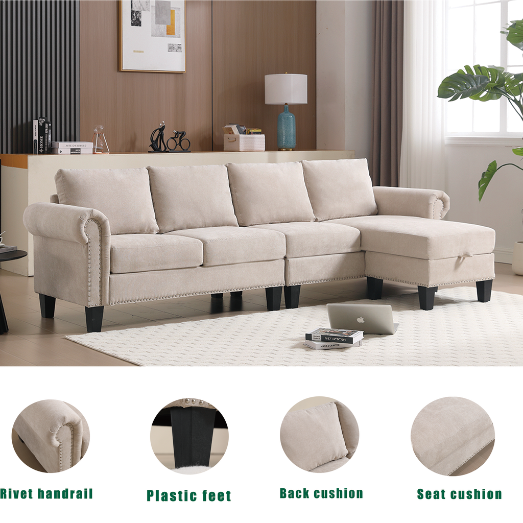Beige sectional sofa with right chaise, stitched arm detailing, and tufted cushions.