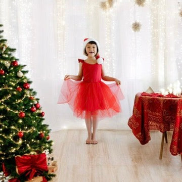Red sleeveless tulle holiday dress with Santa hat and full tulle skirt