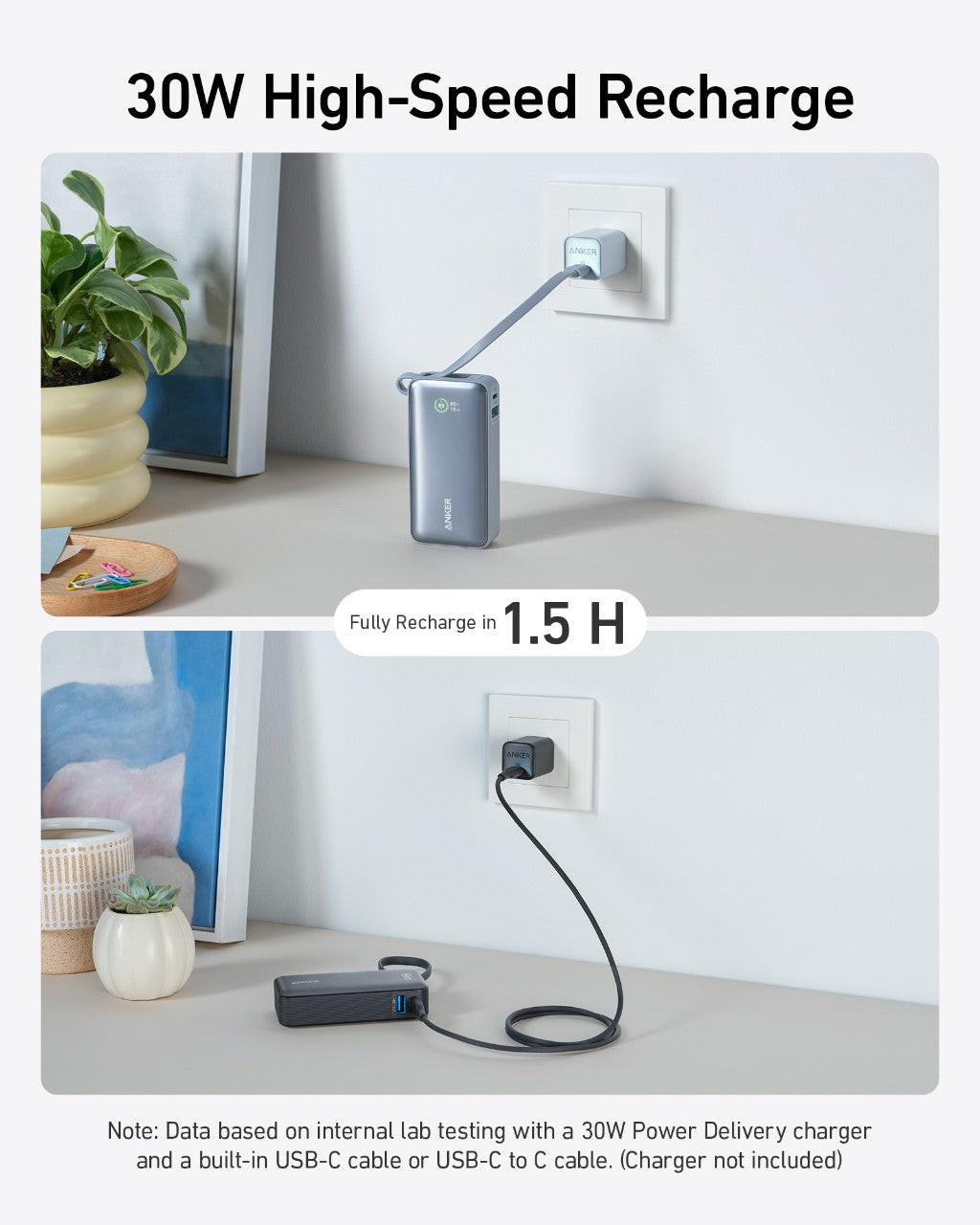 Light blue 30W Anker Nano power bank with built-in USB-C cable plugged into a wall