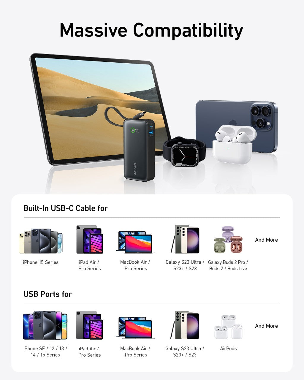 Nano power bank with built-in USB-C cable, plus compatible devices shown around it