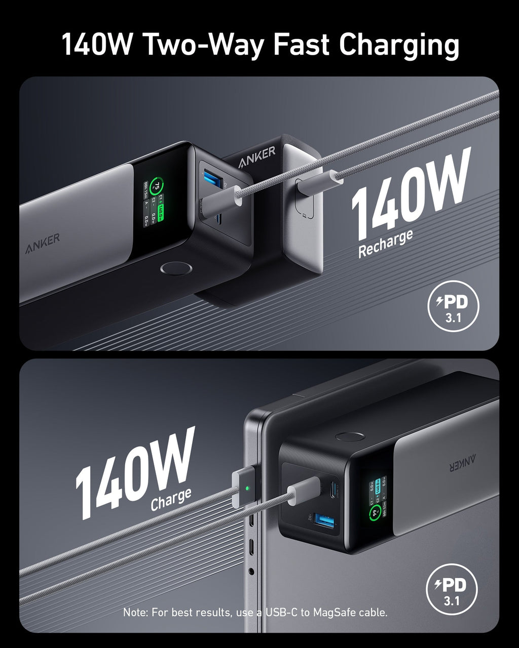 Black power bank with USB-C fast charging ports and recharging connection