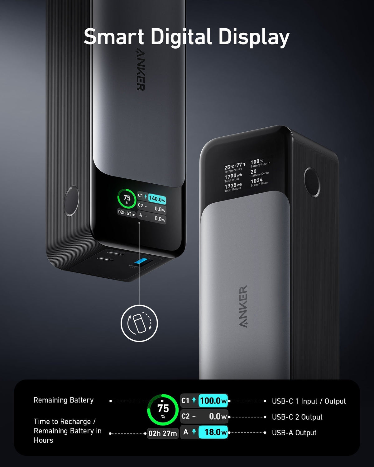 Black power bank with smart digital battery display