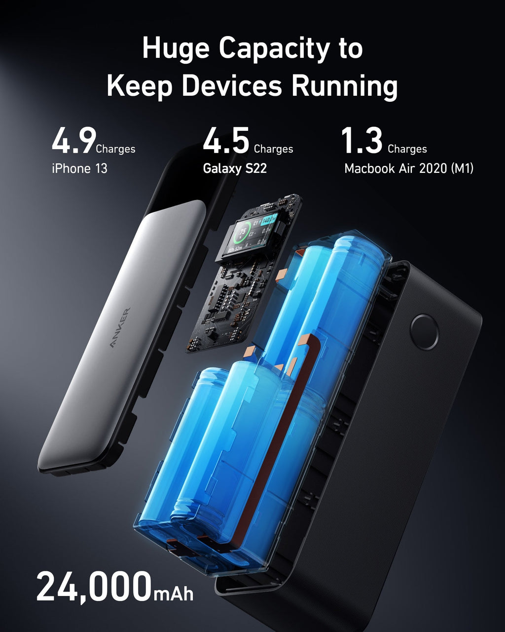 Black 24,000mAh power bank for multiple device charges