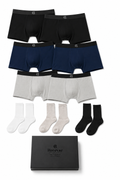 Underwear and socks deluxe gift box set: black, navy, and gray trunks with mixed socks
