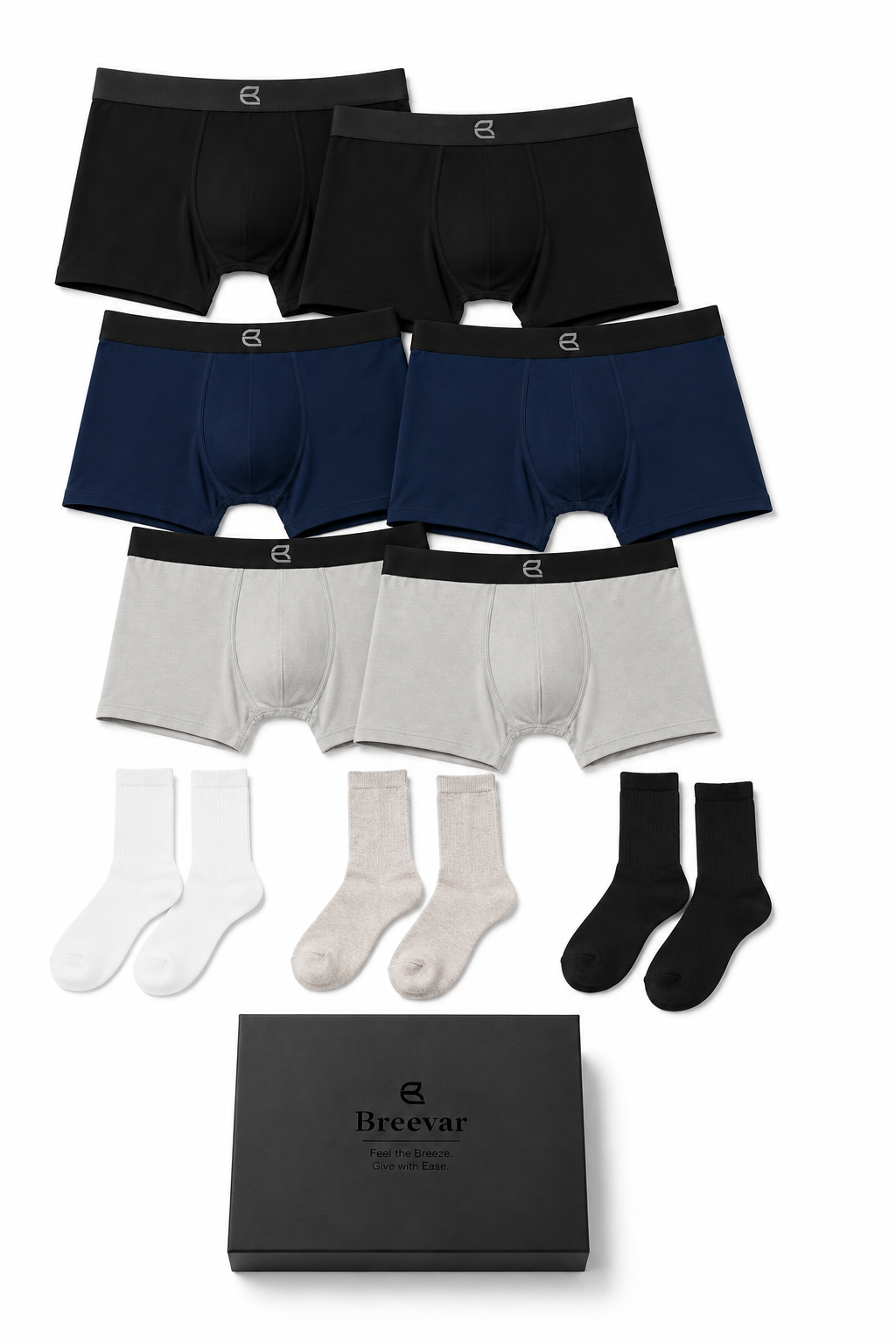 Underwear and socks deluxe gift box set: black, navy, and gray trunks with mixed socks