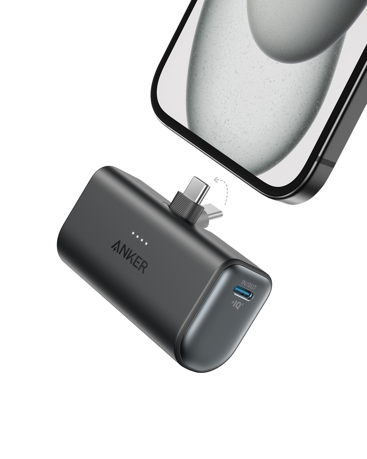Black Anker nano power bank with built-in USB-C connector and USB-A port