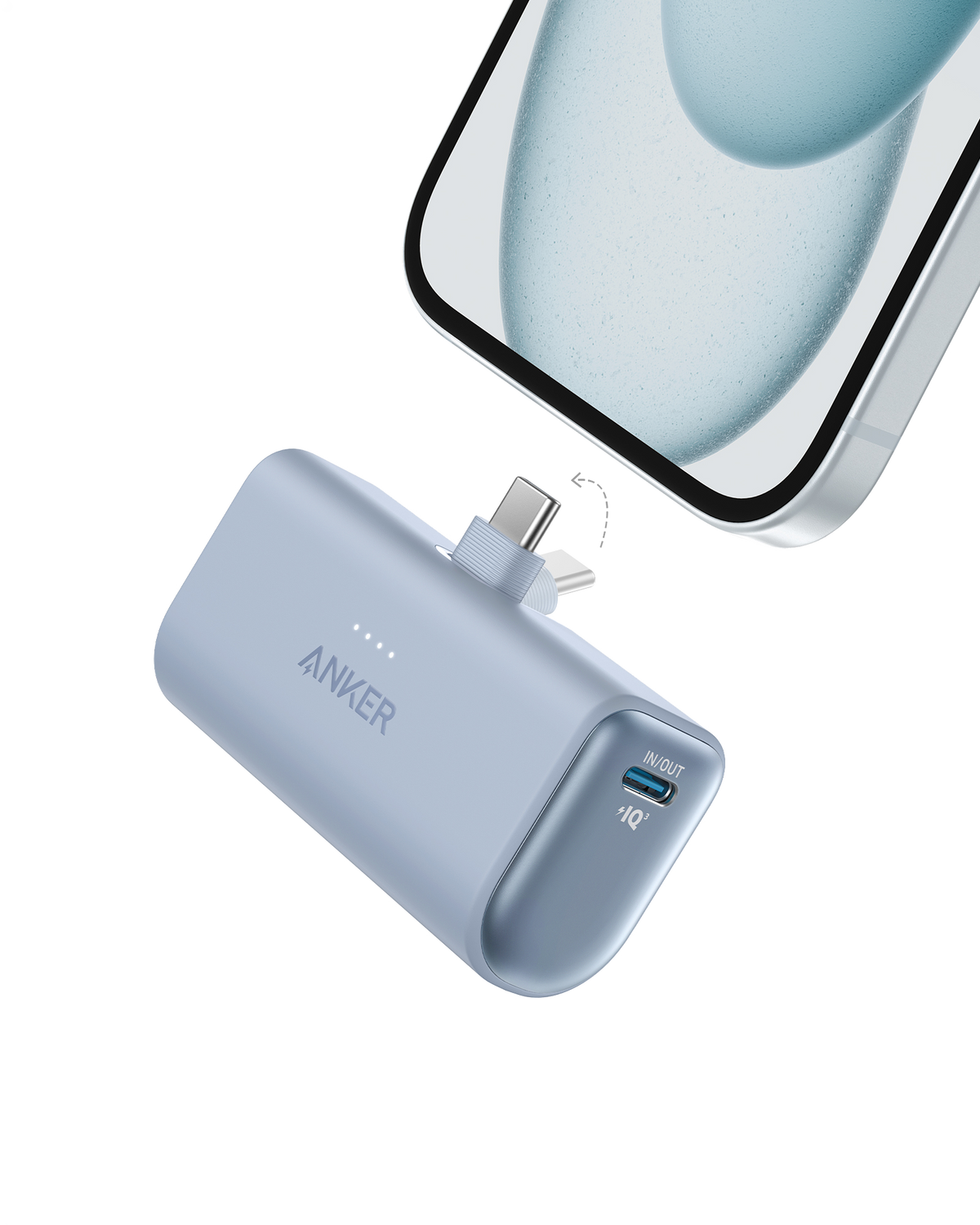 Anker Nano power bank in ice lake blue with built-in USB-C connector