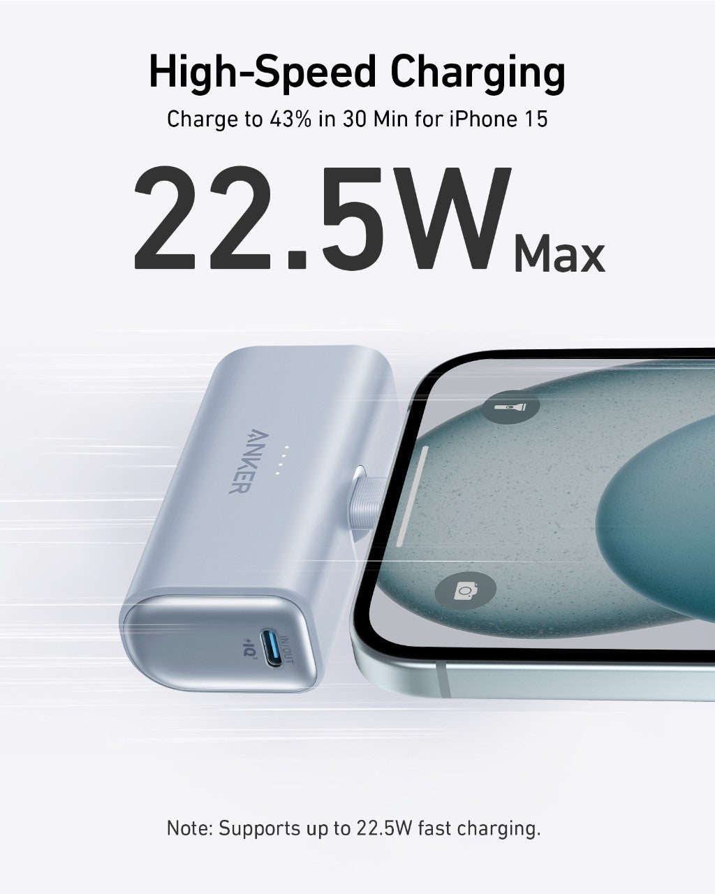Anker Nano power bank in ice lake blue with built-in USB-C port on side