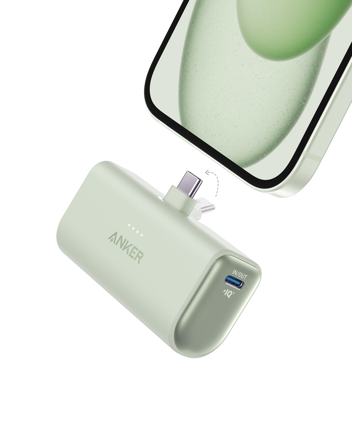Light green Anker Nano power bank with built-in USB-C connector, compact rectangular with port.