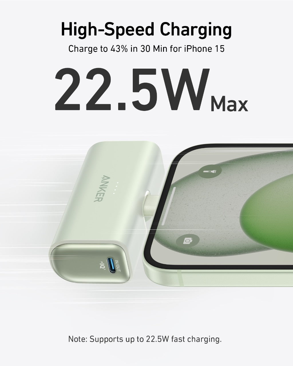 Light green Anker Nano power bank with built-in USB-C connector, slim rectangular charging unit.