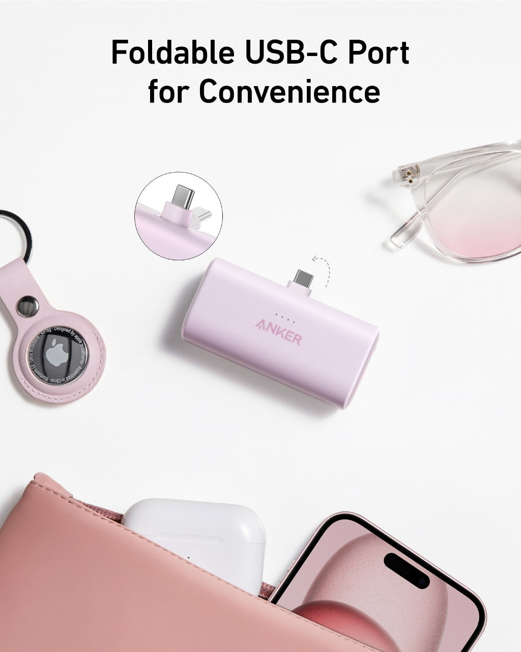 Light purple Anker Nano power bank with foldable USB-C port, compact rectangular design.