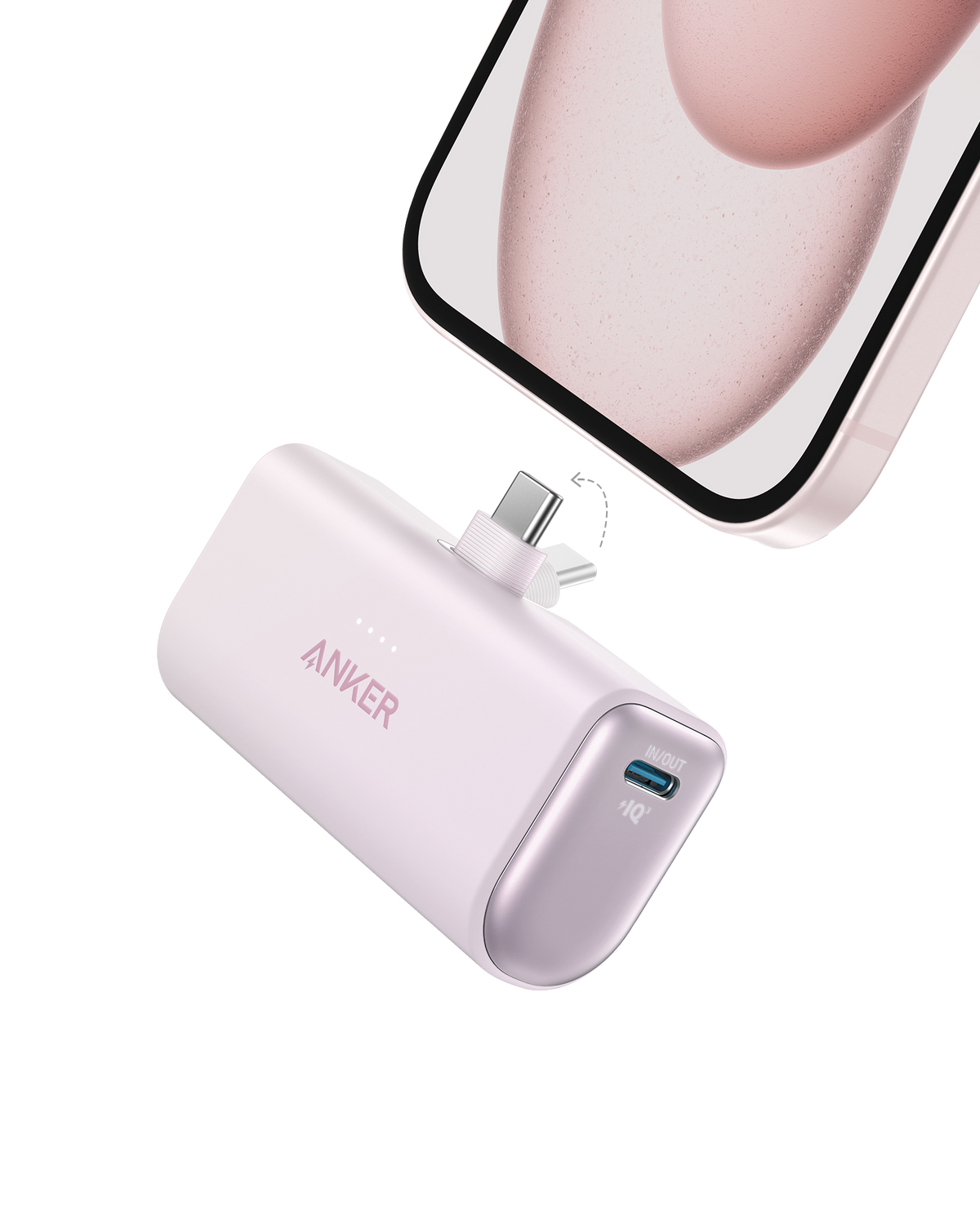 Anker Nano power bank in shell white/pale pink with built-in USB-C connector
