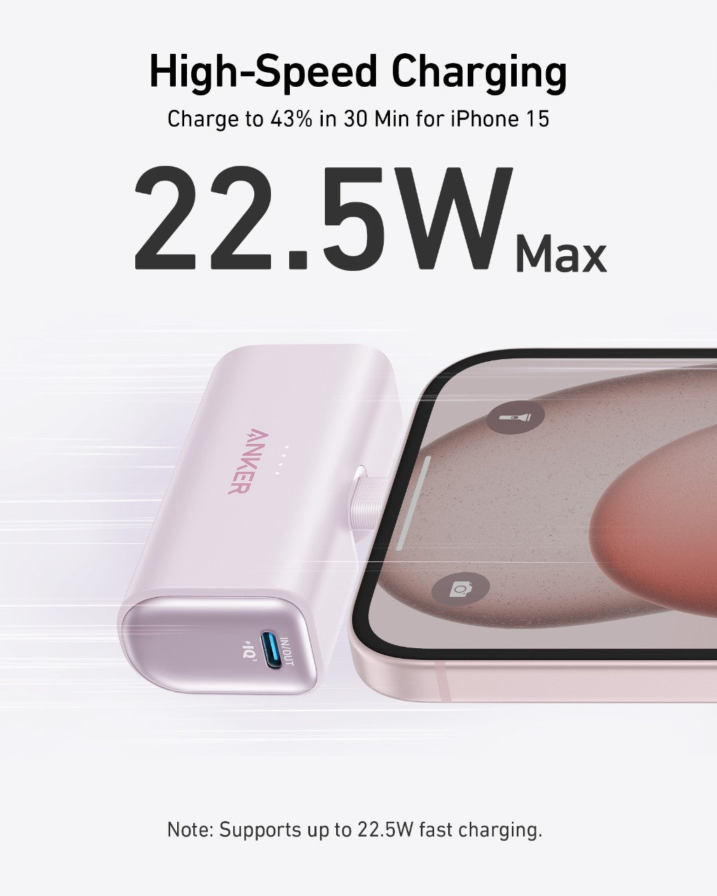 Anker Nano power bank in shell white/pale pink with built-in USB-C port