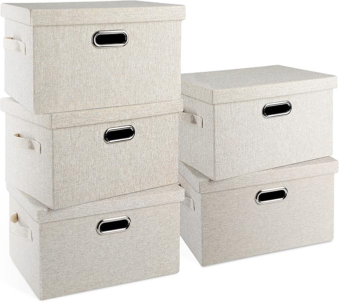 Beige fabric storage cube bin with hinged lid and metal carry handle, stackable set