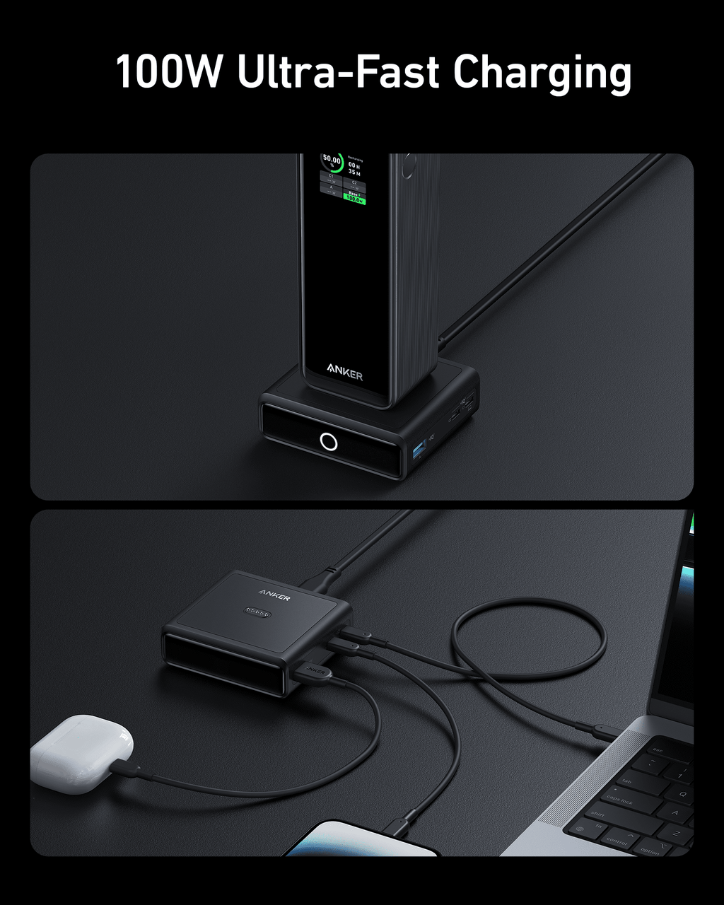 Anker 100W charging base with USB-A and USB-C outputs and connected cables
