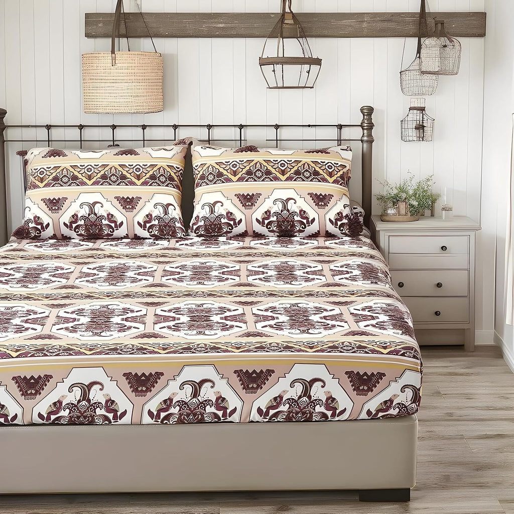 Fitted sheet and pillowcases set featuring traditional kilim print with geometric repeat in burgundy