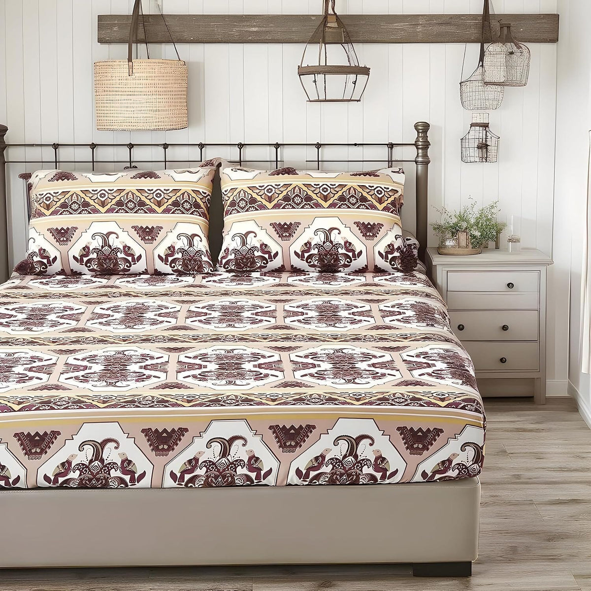 Fitted sheet and pillowcases set featuring traditional kilim print with geometric repeat in burgundy