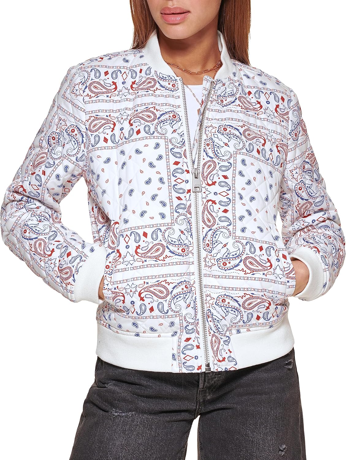 Quilted paisley bomber jacket in white with front zipper and ribbed cuffs