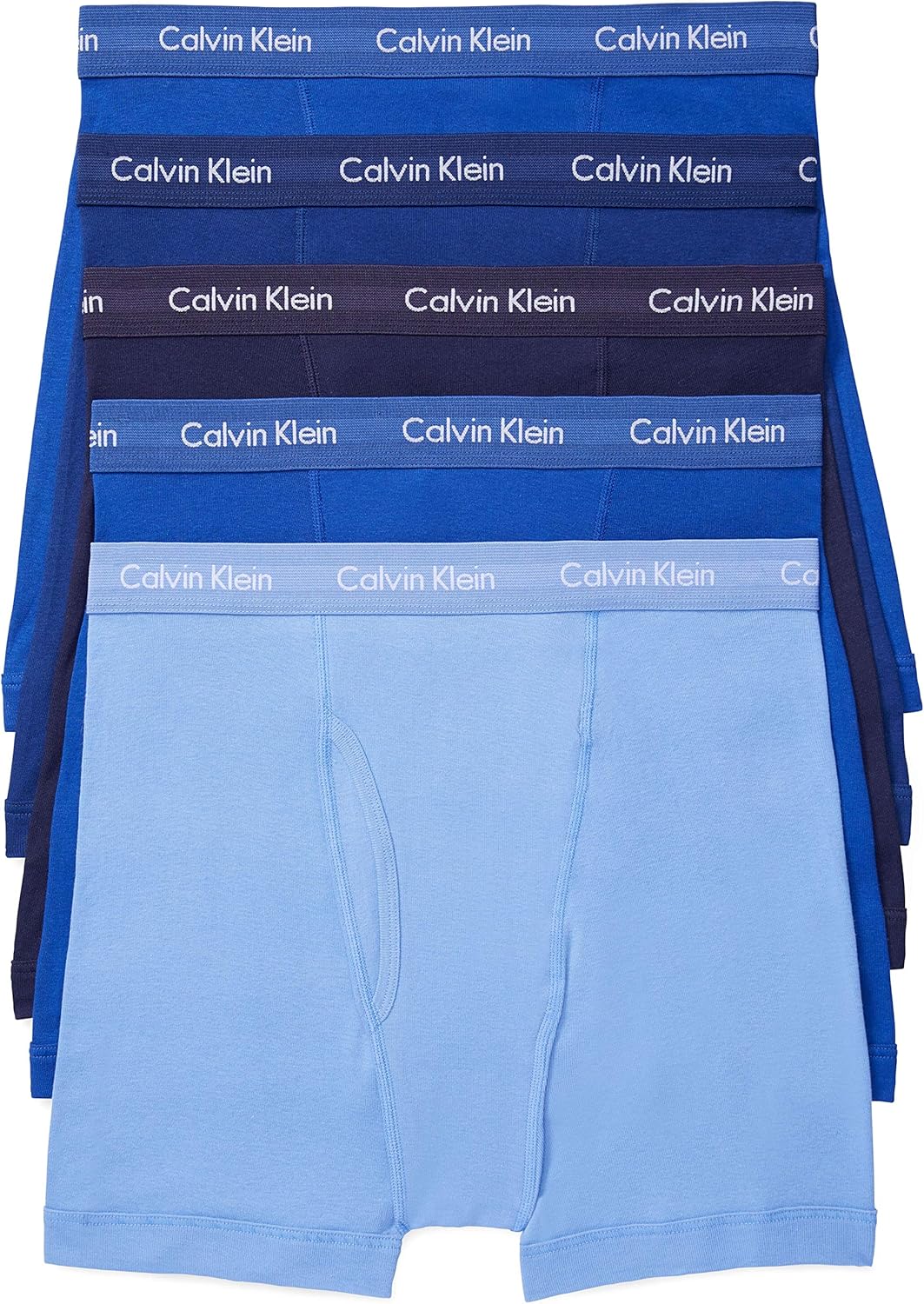 5-pack men's cotton boxer briefs in light blue shades with Calvin Klein logo waistbands