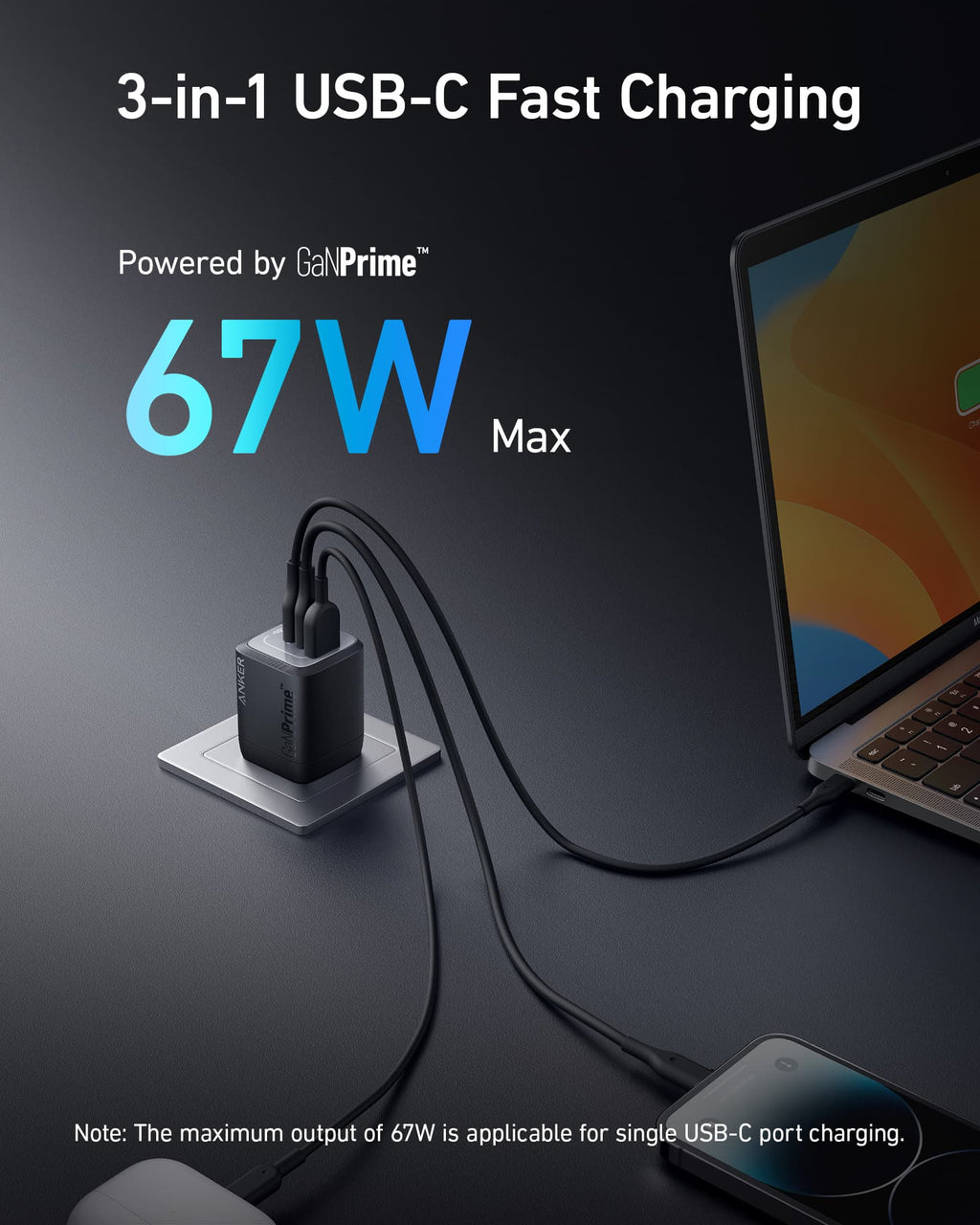 Anker Prime 67W GaN wall charger, black angled view with 3 USB ports