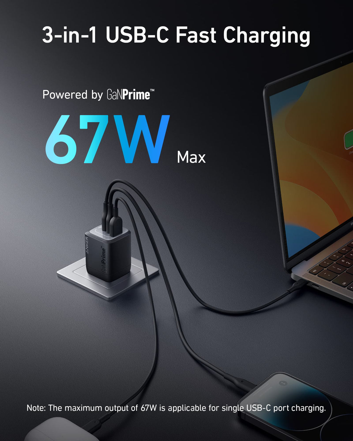 Anker Prime 67W GaN wall charger, black angled view with 3 USB ports