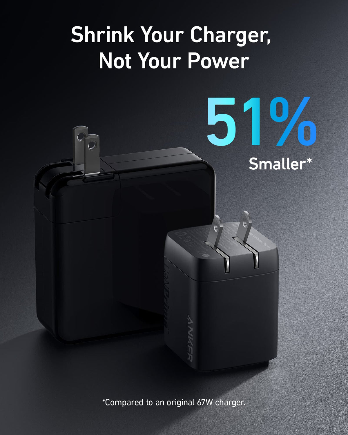 Anker Prime 67W GaN wall charger, black compact plug with 3 USB ports
