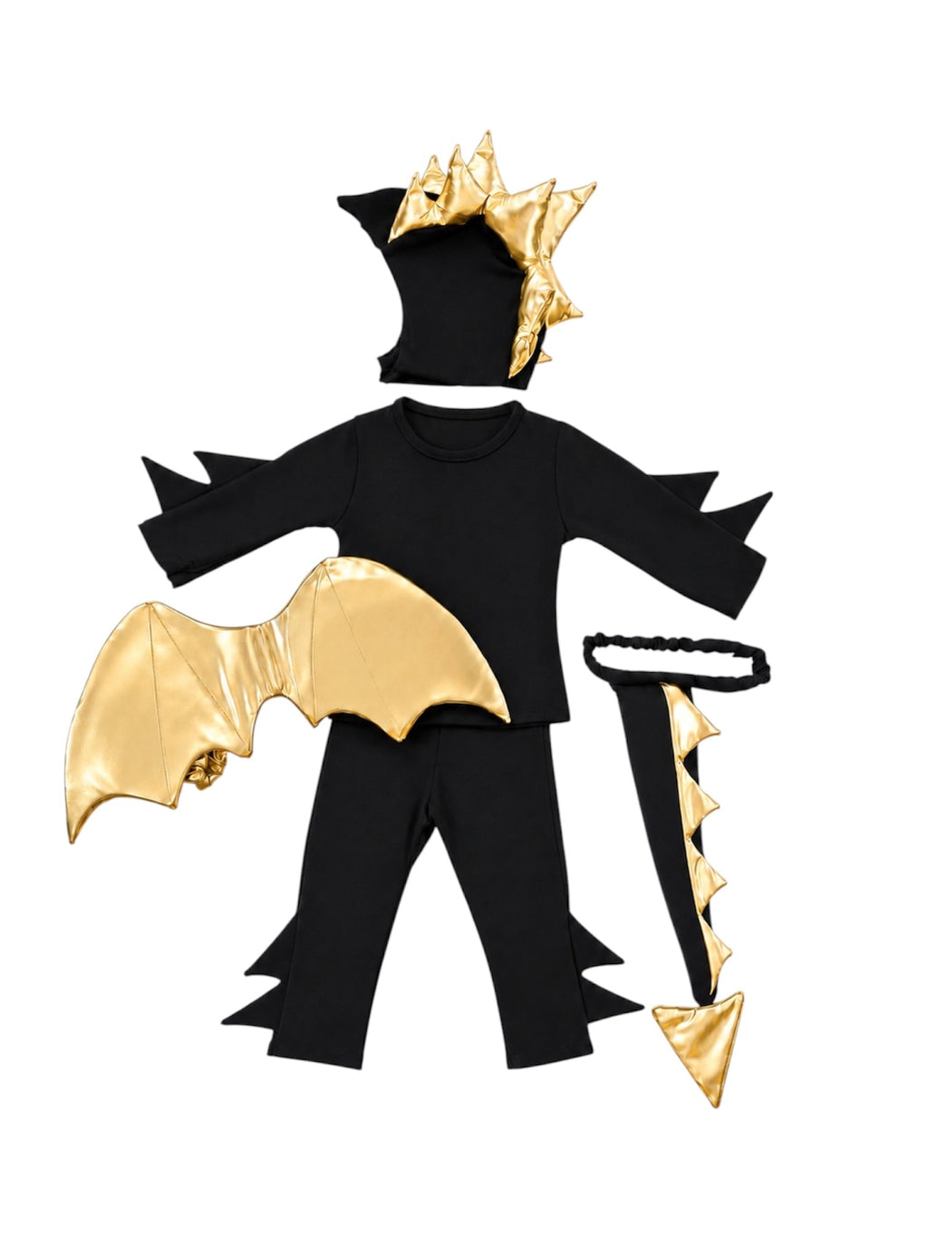 Dragon pajama costume set with black top, gold bat wings, horn hood, and matching pants