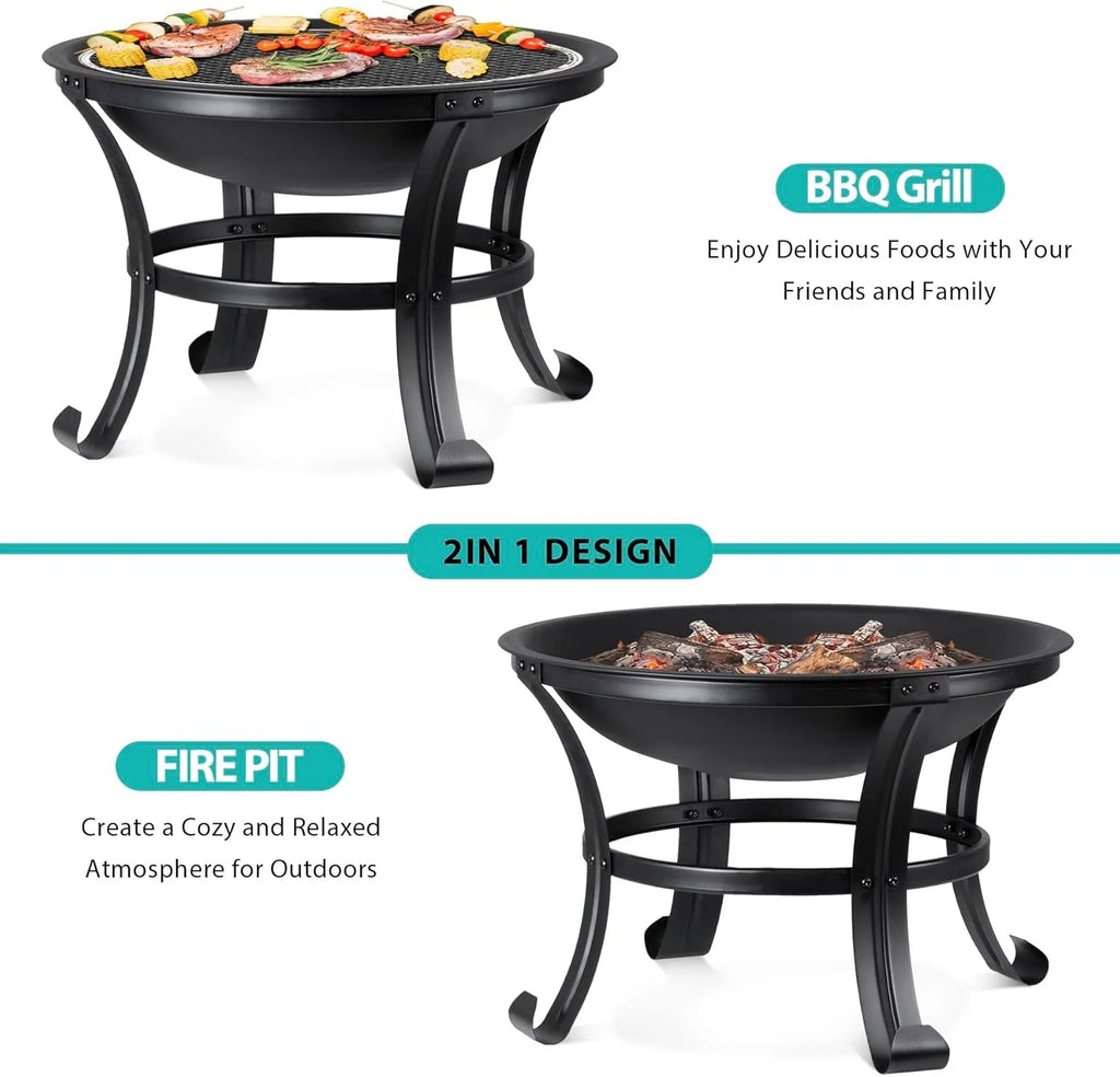 Black round fire pit bowl with curved legs, mesh screen and grill-ready design