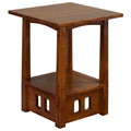 Wood taboret end table with square top, bottom shelf, and decorative side cutouts.