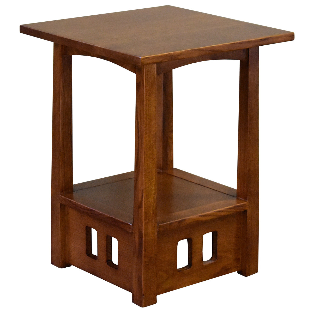 Wood taboret end table with square top, bottom shelf, and decorative side cutouts.