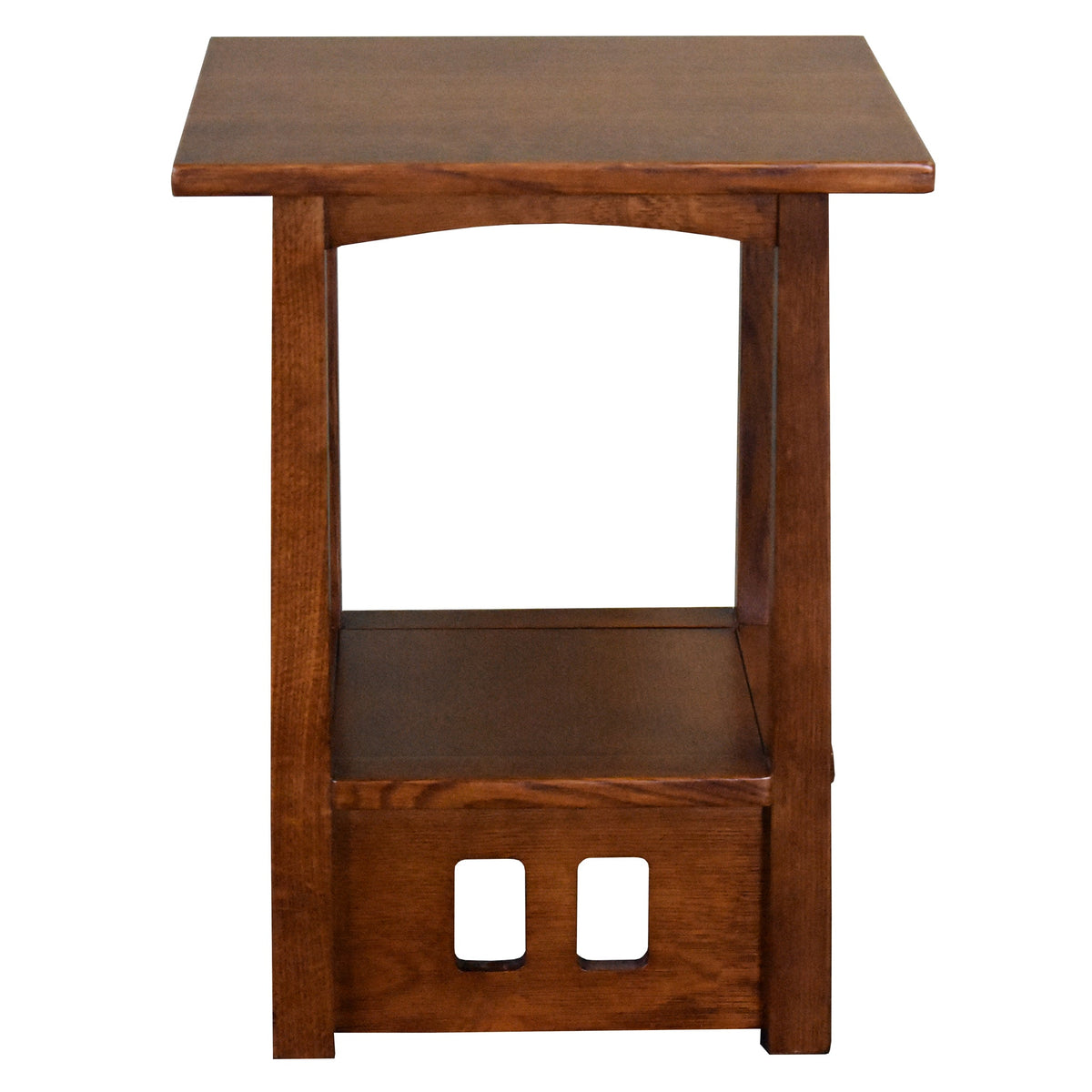 Wood taboret end table with square tabletop, open shelf, and two cutout doors on front.