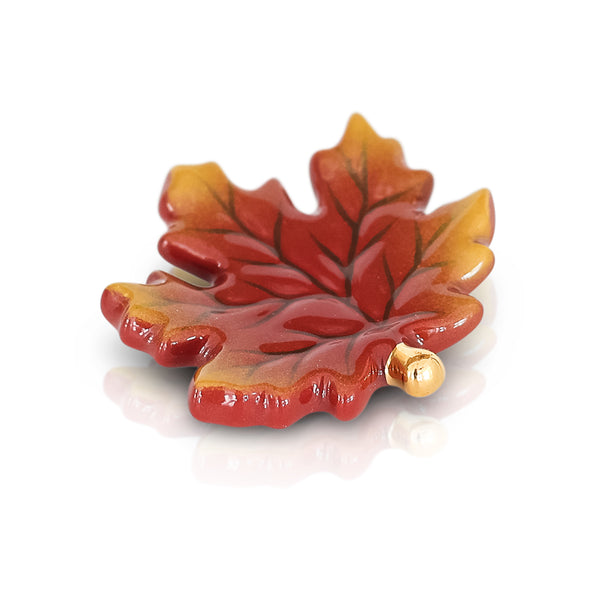 Fall leaves mini ceramic decor with layered red and orange leaves and gold acorn