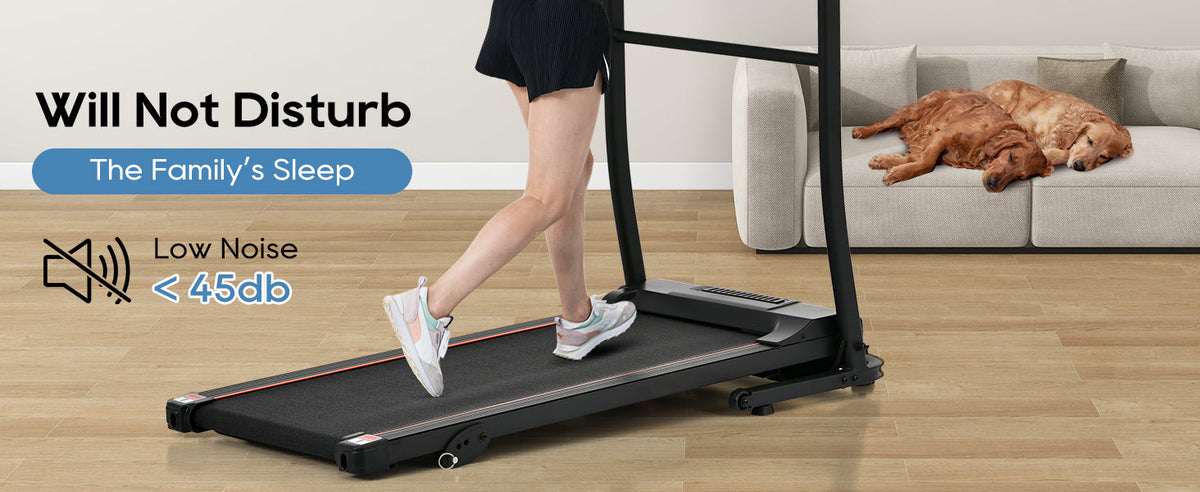 Low-noise black folding treadmill with safety frame and running belt deck