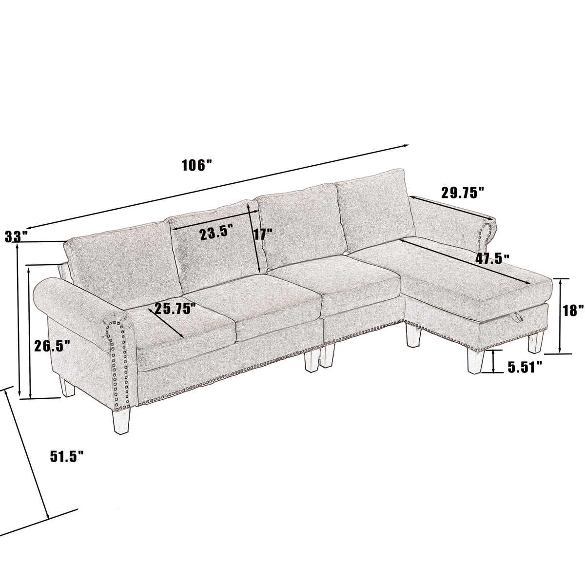 Beige L-shaped sectional sofa size diagram with corner chaise and seat sections.