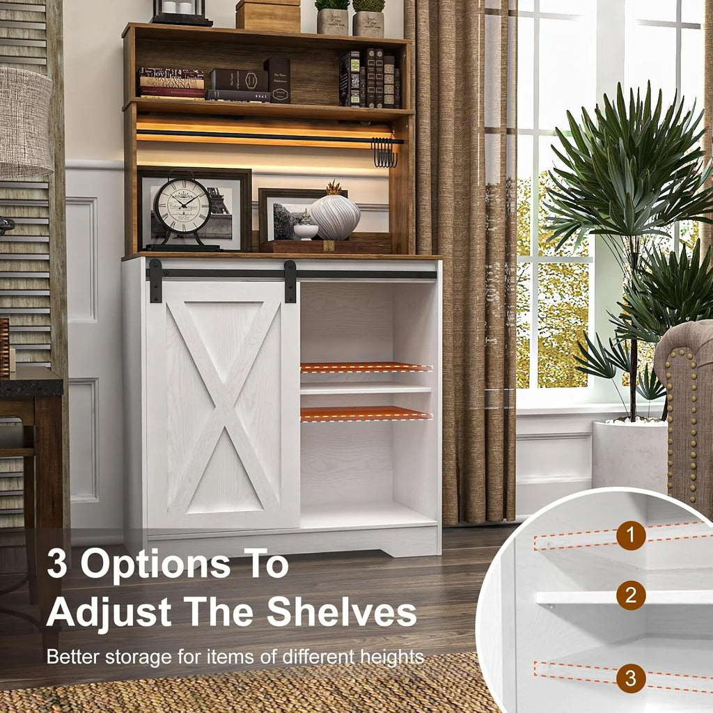 White and brown coffee bar cabinet with adjustable shelves and large X-pattern door