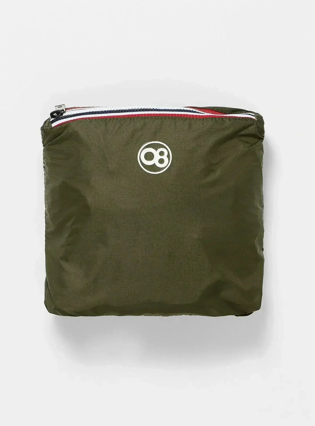 Dark olive packable jacket storage pouch with zipper and logo
