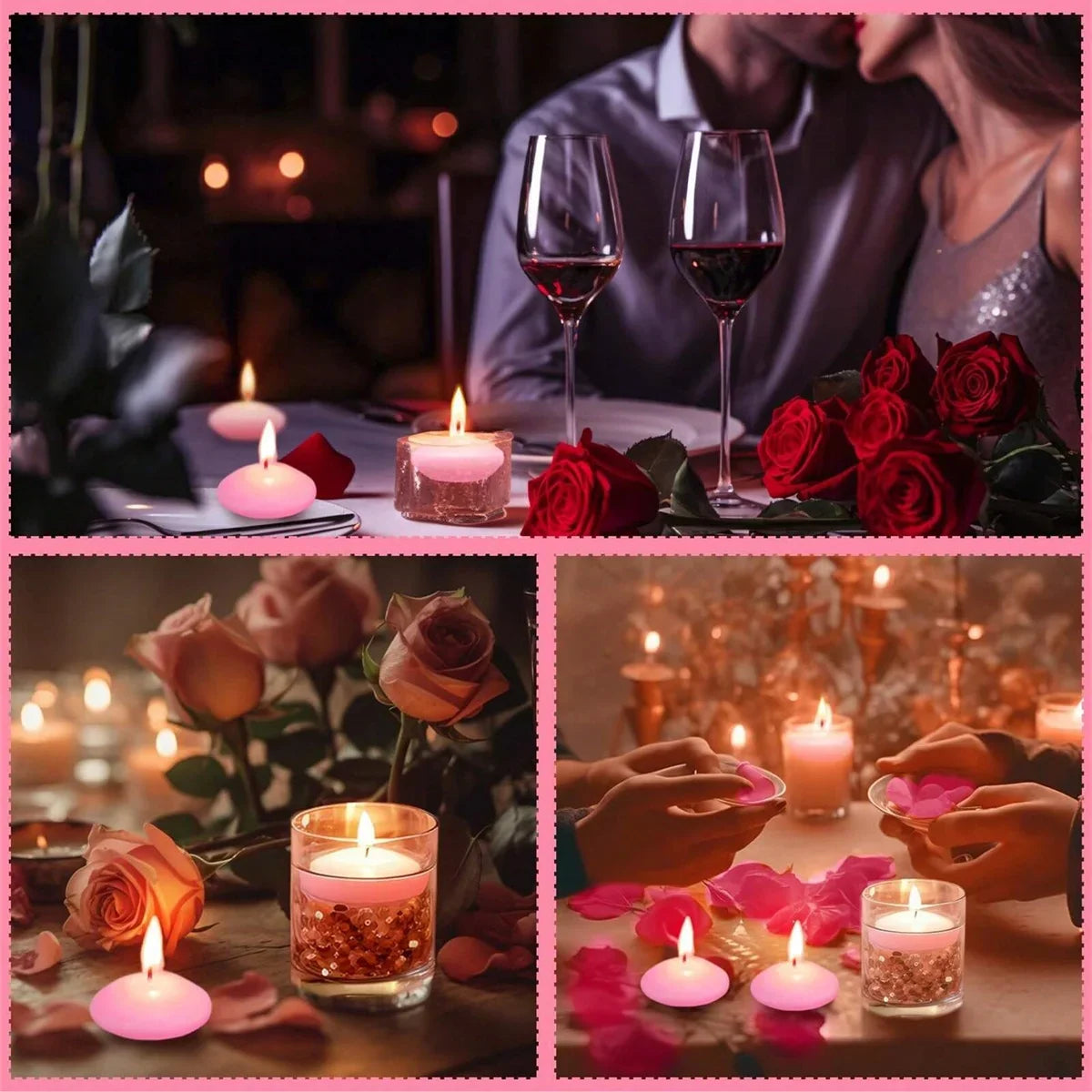 Pink floating candles with flames on table, with glass candle holder and roses