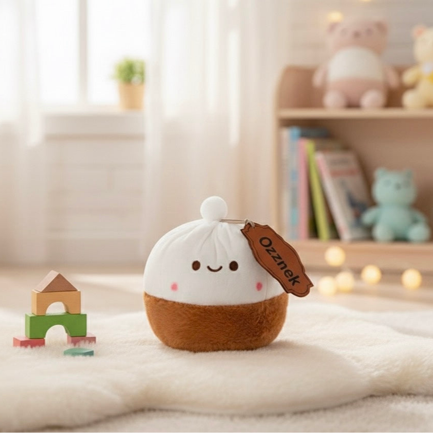 Soup dumpling plush toy, white top and brown base with cute smiling face