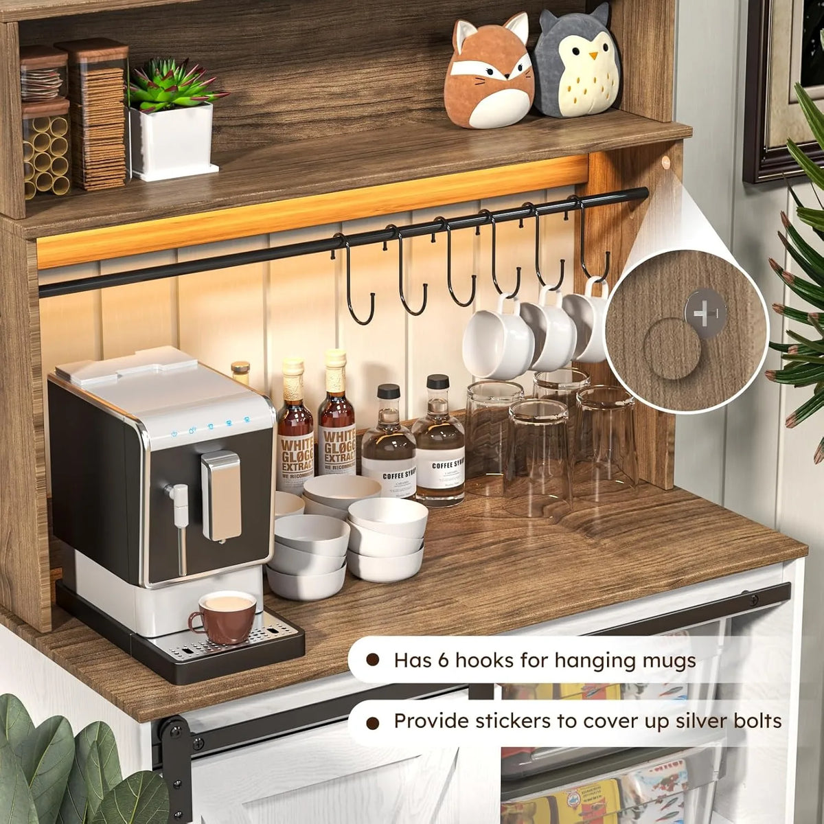 Coffee bar cabinet with pegboard-style hooks holding mugs and cups on lower shelves